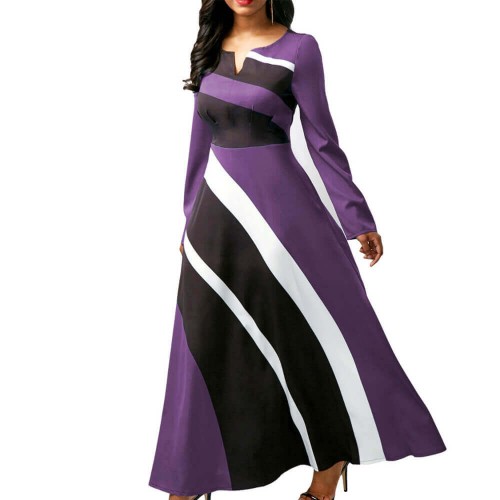 Long Sleeved V Neck Geometric Strip Printed Maxi Dress - Purple |image