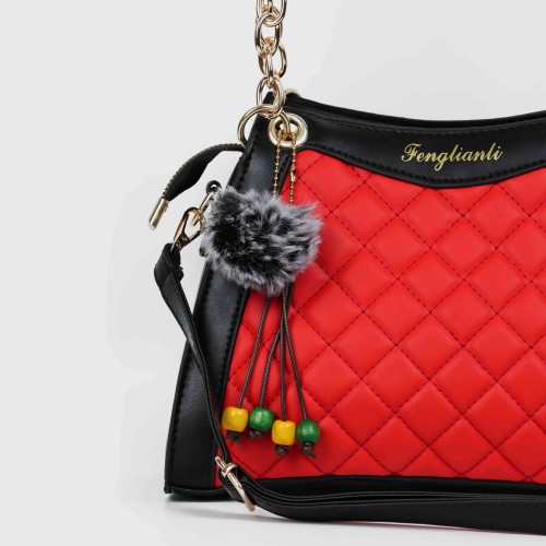 Contrast Furry ball Hanging Chain Strap Shoulder Bag - Red |image