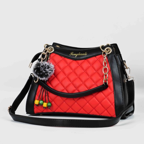 Contrast Furry ball Hanging Chain Strap Shoulder Bag - Red |image