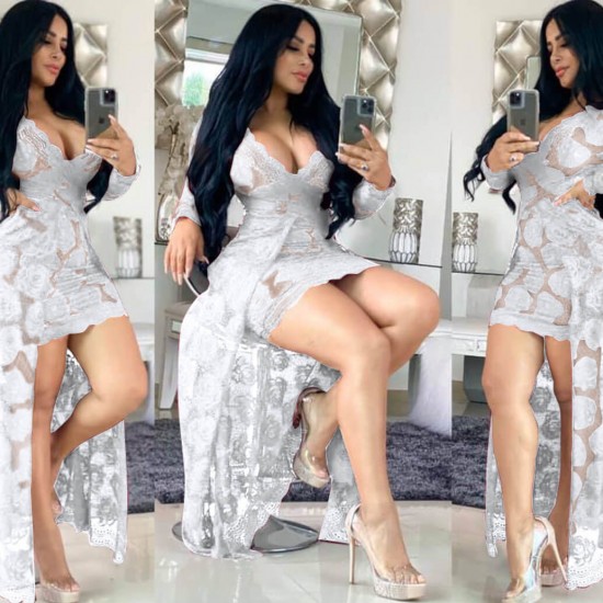 Sexy Hollow Floral Lace Designed Long Party Dress - White |image