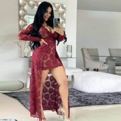 Sexy Hollow Floral Lace Designed Long Party Dress - Red 