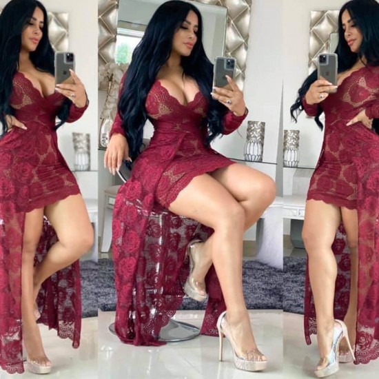 Sexy Hollow Floral Lace Designed Long Party Dress - Red |image