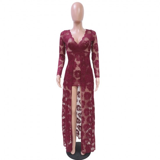 Sexy Hollow Floral Lace Designed Long Party Dress - Red |image