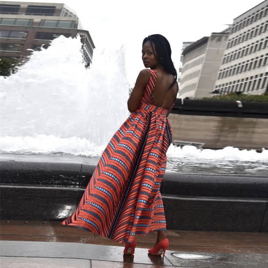 Stripped Digital Printed Sleeveless Maxi Dress - Red |image