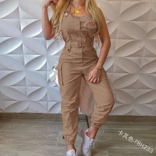 Rompers Sleeveless High Waisted Belt Jumpsuit - Brown |image