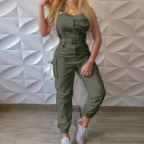 Rompers Sleeveless High Waisted Belt Jumpsuit - Green |image