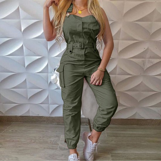 Romper Sleeveless High Waisted Belt Jumpsuit - Green Rompers Sleeveless High Waisted Belt Jumpsuit - Green |image