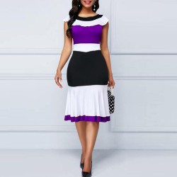 Casual Contrast sleeveless High Waisted Ruffle Midi Dress - Purple 
