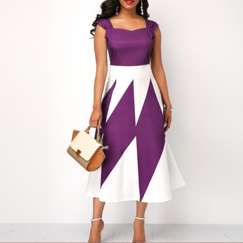 Geometric Pattern Square Neck A Line Maxi Dress - Purple |image