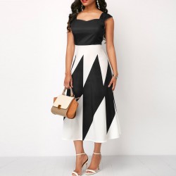 Geometric Pattern Square Neck A Line Maxi Dress - Black 