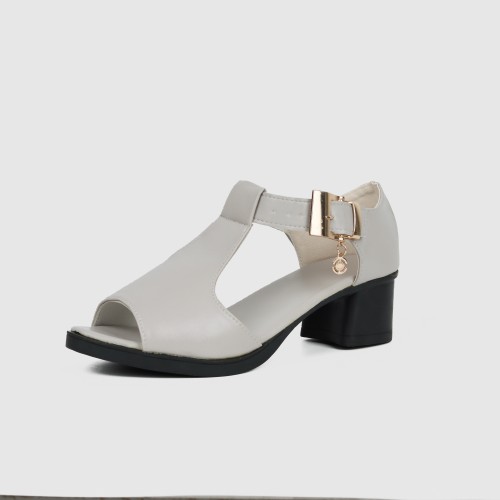 Casual Buckle Up Fish Mouth Thick heels Sandal - Beige |image