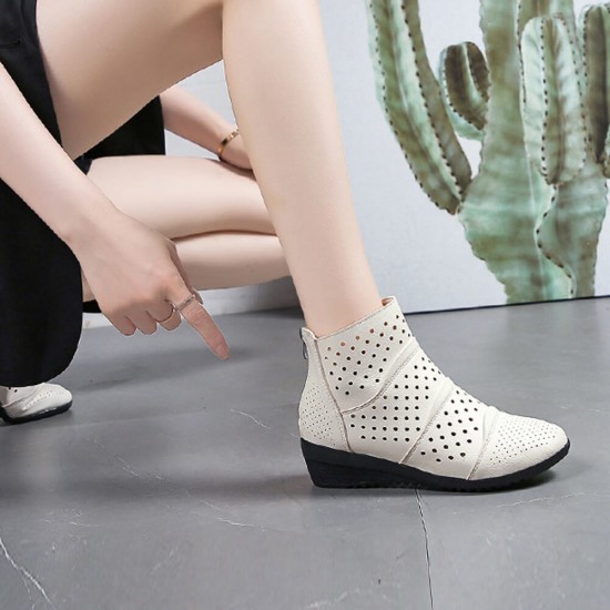 Breathable Hollow Zipper Slope Heel Shoes - Cream |image