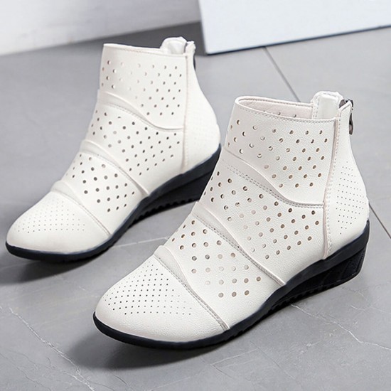 Breathable Hollow Zipper Slope Heel Shoes - Cream |image