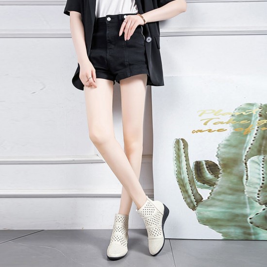 Breathable Hollow Zipper Slope Heel Shoes - Cream |image