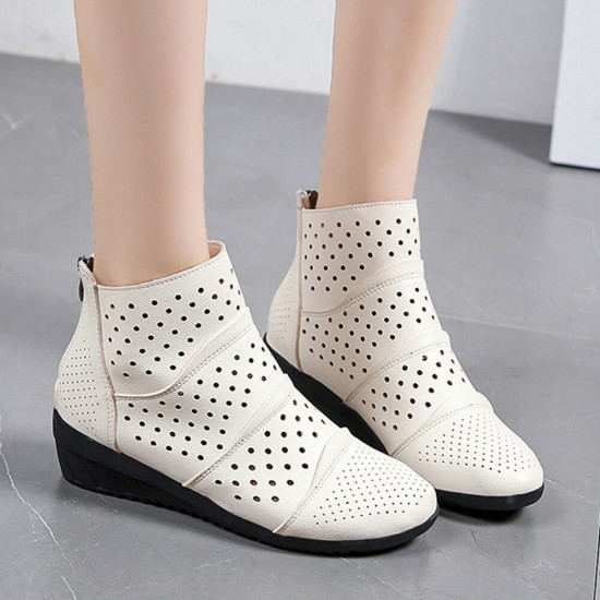 Breathable Hollow Zipper Slope Heel Shoes - Cream |image