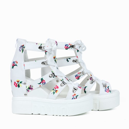 Floral Hollow Strapped Wedge High Heel Sandal - White |image