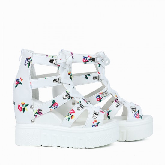 Floral Hollow Strapped Wedge High Heel Sandal - White |image