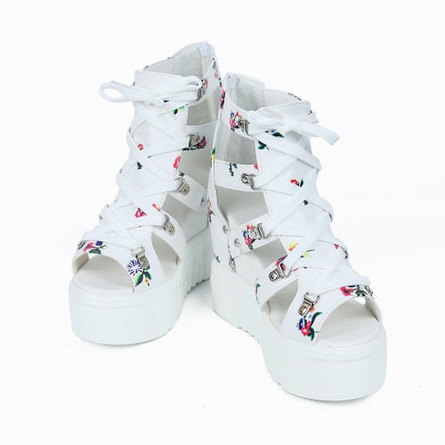 Floral Hollow Strapped Wedge High Heel Sandal - White |image