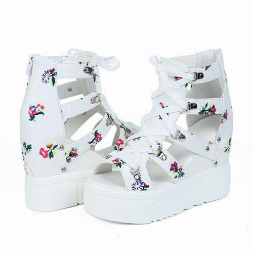 Floral Hollow Strapped Wedge High Heel Sandal - White |image