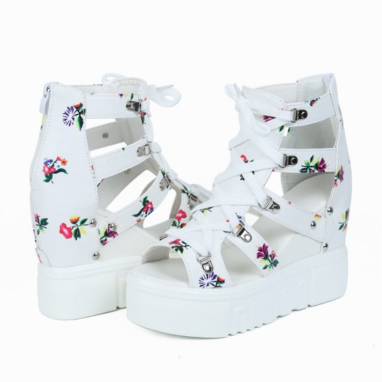 Floral Hollow Strapped Wedge High Heel Sandal - White |image