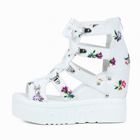 Floral Hollow Strapped Wedge High Heel Sandal - White |image