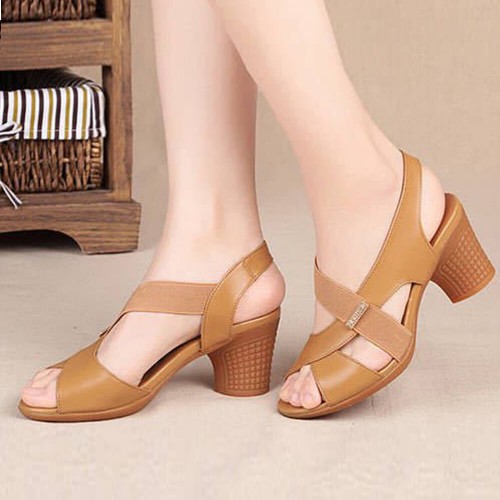 Women Cross Straps Fish Mouth Thick Heeled Sandals - Beige |image