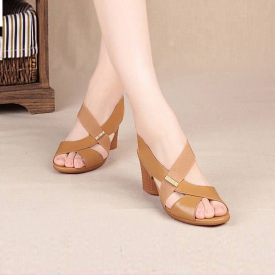 Women Cross Straps Fish Mouth Thick Heeled Sandals - Beige |image
