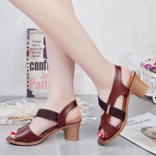 Women Cross Straps Fish Mouth Thick Heeled Sandals - Brown |image