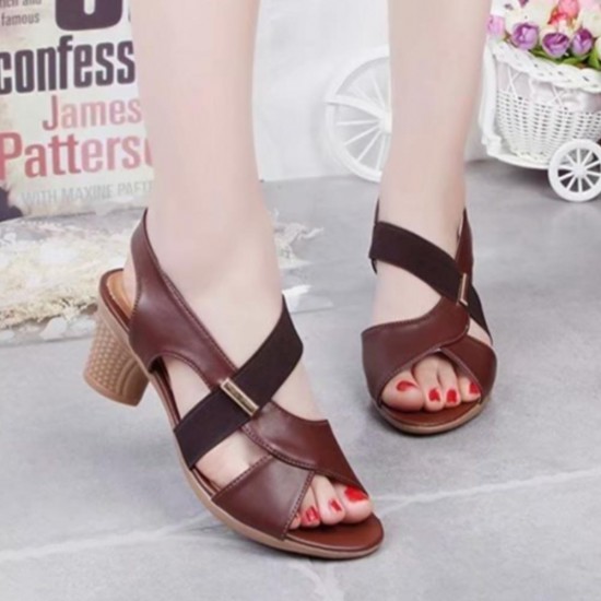 Women Cross Straps Fish Mouth Thick Heeled Sandals - Brown |image