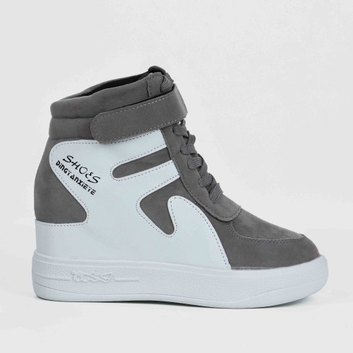 Thick Sole Platform Velcro Leather Contrast Sneakers - Grey |image