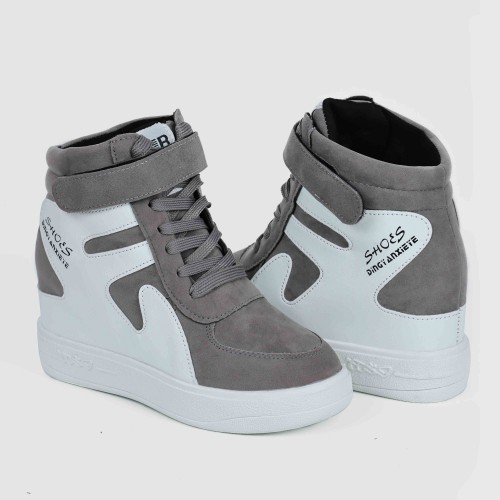 Thick Sole Platform Velcro Leather Contrast Sneakers - Grey |image