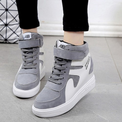 Thick Sole Platform Velcro Leather Contrast Sneakers - Grey |image