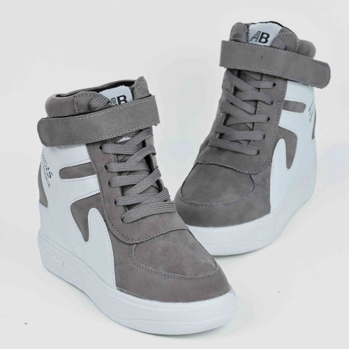 Thick Sole Platform Velcro Leather Contrast Sneakers - Grey |image