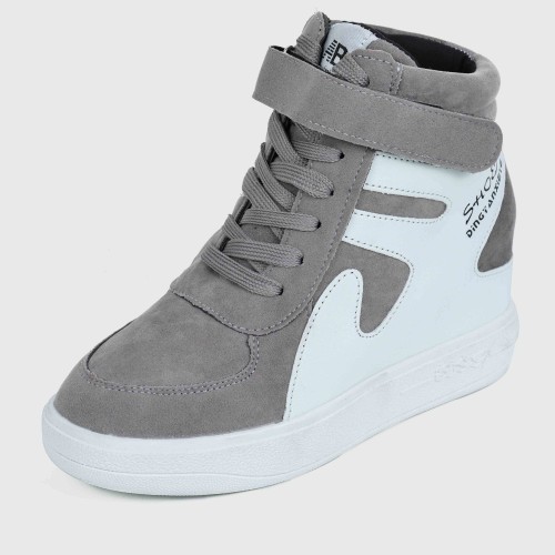 Thick Sole Platform Velcro Leather Contrast Sneakers - Grey |image