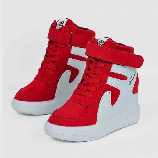 Thick Sole Platform Velcro Leather Contrast Sneakers - Red |image