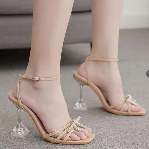 Rhinestone Bow-Knot Stiletto High Heeled Sandals - Beige |image