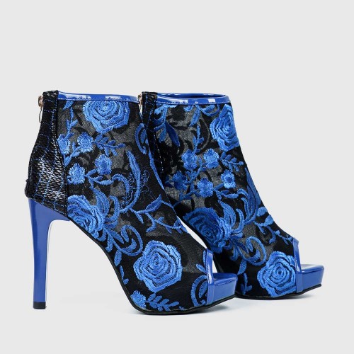 Floral Mesh Embroidered Stiletto High Heel Shoes - Blue |image