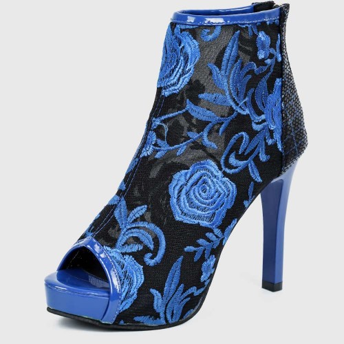 Floral Mesh Embroidered Stiletto High Heel Shoes - Blue |image