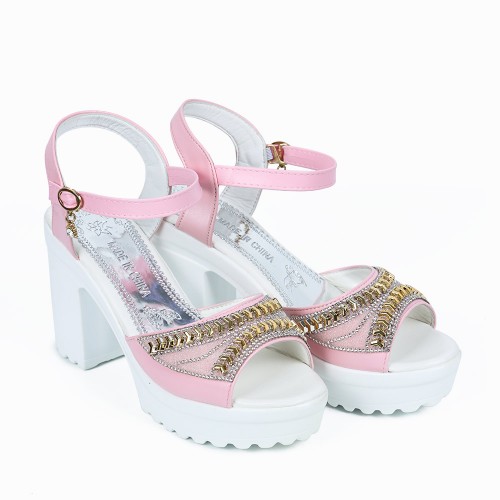 Elegant Rhinestone Decorated Thick high Heeled Sandals - Pink |image