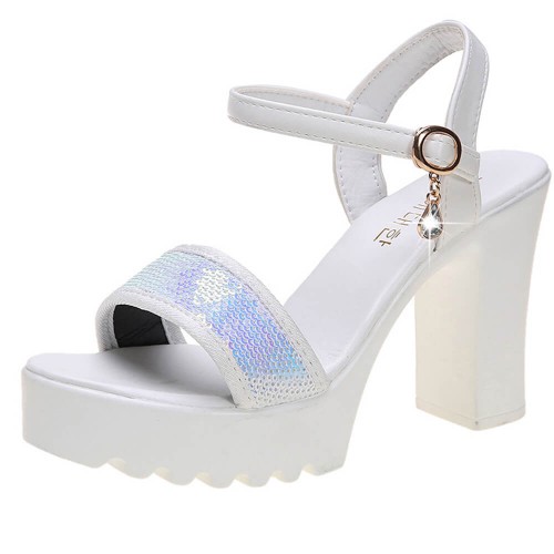 Ankle Buckle Sequined Thick High Heeled Sandals - White |image