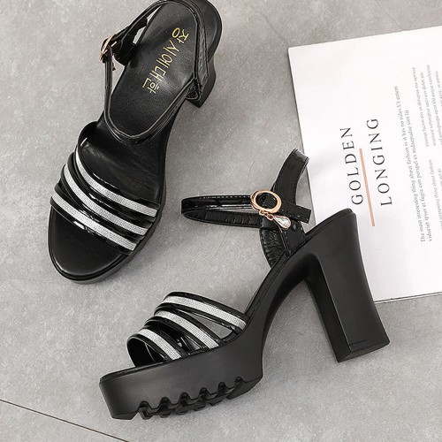 Stylish Sequined Ankle Strap Thick Heeled Sandals - Black |image