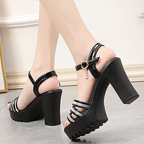 Stylish Sequined Ankle Strap Thick Heeled Sandals - Black |image