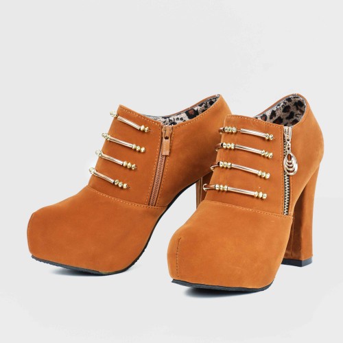 Martin Style Round Toe Side Zipper High Heels Shoes - Brown |image