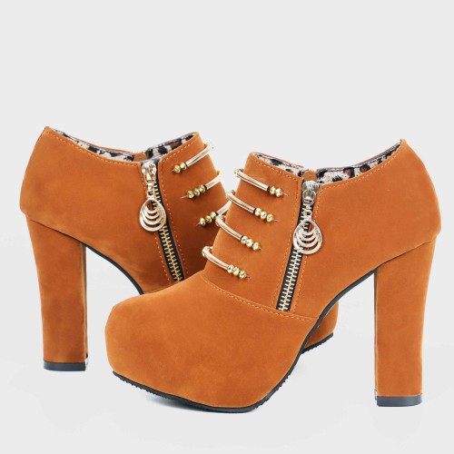 Martin Style Round Toe Side Zipper High Heels Shoes - Brown |image