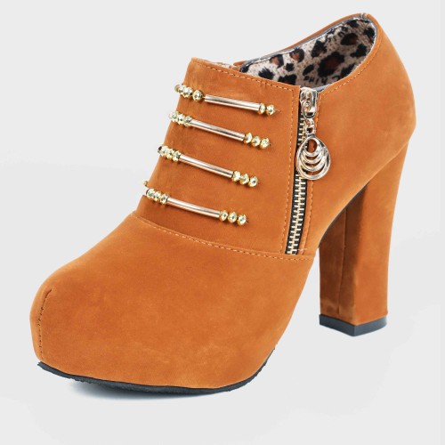 Martin Style Round Toe Side Zipper High Heels Shoes - Brown |image