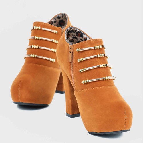 Martin Style Round Toe Side Zipper High Heels Shoes - Brown |image