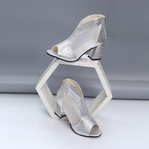 Shinny Rhinestone Decorated Mesh High Heels - Silver |image