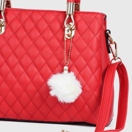 Rhombus Pattern Furry Ball Hanging Shoulder Bag - Red |image