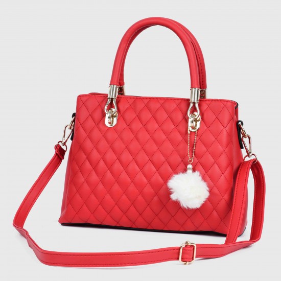 Rhombus Pattern Furry Ball Hanging Shoulder Bag - Red Rhombus Pattern Furry Ball Hanging Shoulder Bag - Red |image