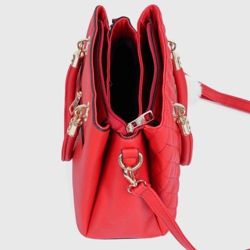 Rhombus Pattern Furry Ball Hanging Shoulder Bag - Red |image